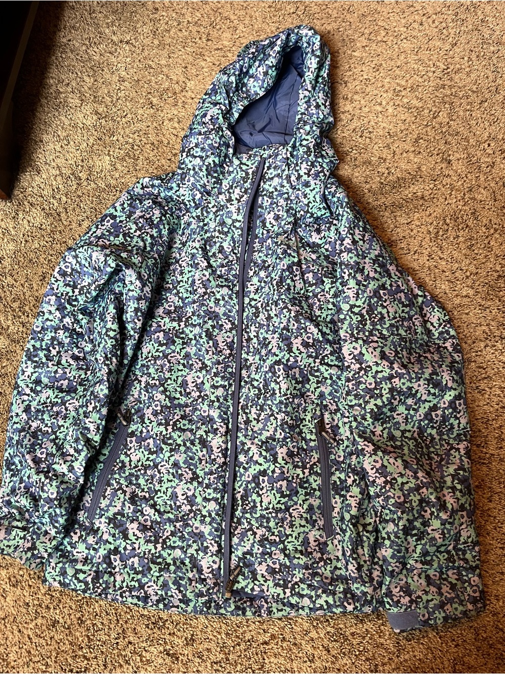 Girls Floral Hooded Winter Coat Jacket - Navy, Mint & Light Pink